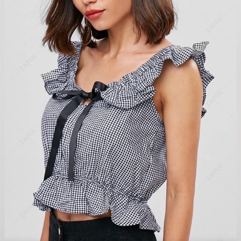 Zara TRF Collection Gingham Ruffled Sleeveless Cropped Blouse Size Large